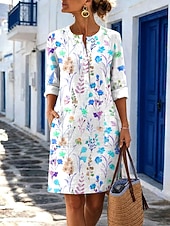  Dames Knielengte jurk Casual jurk Vakantie Vintage Casual Feestdagen Normale pasvorm Bloemig Grafisch Lange mouw V-hals blauw Paars Oranje Groen Zomer Lente