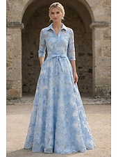 baratos Vestidos de Festa em A-Linha A Longo Vestido Para Mãe dos Noivos Manga Longa Colarinho de Camisa Elegante Vintage Formal Festa de Família Kentucky Derby Cetim Organza com Laço(s) Flor