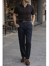 economico Giacche e Completi uomo-Pantaloni eleganti da uomo in lino, plissettati, vestibilità comoda – pantaloni estivi leggeri e casual, gamba larga e dritta, disponibili in marrone, blu navy e beige.