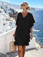 preiswerte Lässige Blumenkleider-Damen Knielanges Kleid Shiftkleid Freizeitkleid Jeanskleid Mode Klassisch Täglich Outdoor Urlaub Lässiger Schnitt Einfach Kurzarm V Ausschnitt Magenta Schwarz Braun Khaki Sommer Frühling