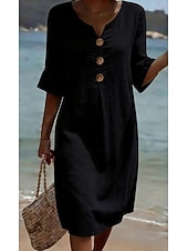 tanie Podstawowe sztuczne sukienki-Damskie Sukienka midi Sztuczna bawełna len Sukienka trapezowa Codzienny Codzienny Luźna Równina Rękaw 3/4 W serek Niebieski Czarny Biały Zielony Lato Wiosna Jesień