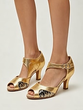 preiswerte 1920er Jahre &amp; Gatsby-Ära-Goldene Damen-Lateintanzschuhe, offene Zehenpartie, Knöchelriemen, niedriger Absatz, Übungsschuhe für Salsa, Tango und Standardtänze &amp; Ausbildung
