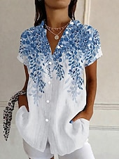 economico Bluse Floreali-Per donna Camicia Camicia button-down Camicia casual Top estivi Bottoni Stampato Floreale Grafico Vintage Elegante Moderno Manica Corta Colletto a Camicia Top lunghi Quotidiano Blu Bianco e blu