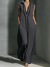 Недорогие Простое платье-Жен. Длинное платье Длинное платье Элегантный стиль Современное на открытом воздухе Отпуск На выход Свободное облегание Контрастных цветов Без рукавов Рубашечный воротник Черный Белый Винный Серый