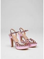 levne Diskotékový a hippie styl 70. let-Dámské vintage disco růžové sandály na platformě ze 70. let - třpytivé a robustní sandály na vysokém podpatku s páskem na kotník pro večírky ve studiu 54 a noční kluby. &amp;okouzlující retro outfity