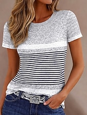 billiga Randig och geometrisk t-shirt-Dam T-shirt Färgblock Mönster Grafisk Geometrisk Randig Vintage Mode Stylish Kortärmad Rund hals Vanliga toppar Dagligen Blå Gul Brun Grå Sommar Vår