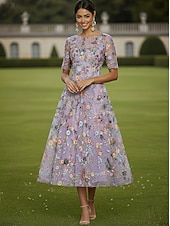 Недорогие Длина щиколотки-А-силуэт Платья Ниже колена Коктейльные платья Свадебное платье для гостей Платье для матери невесты Рукав до локтя Вырез под горло Вырез лодочкой Элегантный стиль На каждый день