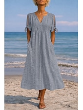 cheap White Lace Dresses-Women's Midi Dress Boho Dress A Line Dress Summer Dress Elegant Fashion Modern Daily Outdoor Beach Loose Fit Plain Short Sleeve V Neck White Purple Light Blue Summer Spring