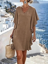 preiswerte Lässige Blumenkleider-Damen Knielanges Kleid Shiftkleid Freizeitkleid Jeanskleid Mode Klassisch Täglich Outdoor Urlaub Lässiger Schnitt Einfach Kurzarm V Ausschnitt Magenta Schwarz Braun Khaki Sommer Frühling