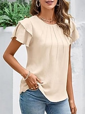 voordelige Effen t-shirt-Dames T-shirt Met ruches Effen Elegant Modieus Stijlvol Korte mouw Strakke ronde hals Normale tops Dagelijks Uitgaan Weekend Zwart Wit Marineblauw Groen Abrikoos Zomer Lente