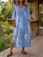 billiga Konst och design klänningar-Dam Maxiklänning Boho-klänning Skiftklänning Solklänning Strandklänning bohemliv Semester Etnisk Strand Helgdag Datum Lös passning Grafisk Abstrakt 3/4 ärm V-hals Blå Himmelsblå Purpur Grön Sommar Vår