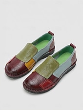 cheap Women's Flats-Women's Yellow Genuine Cowhide Colorblock Flats, Hand Stitched Slip On Casual Shoes, Comfortable Soft Sole Footwear for Daily Wear, Travel, Vacation &amp; Casual Outings