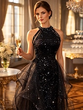 tanie Długie sukienki i suknie-Krój A Tren sweep Suknie balowe Zabytkowe Błyszczące Wróżka Bez rękawów Kantarka Gość weselny Wesele Z cekinami z Dodatki kryształowe Cekin Falbany