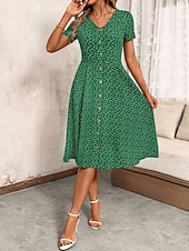 cheap Floral Dress-Women's Midi Dress A Line Dress Casual Outdoor Going out Regular Fit Polka Dot Short Sleeve V Neck Navy Black Wine Green Summer Spring