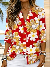 preiswerte Blumenblusen-Damen Hemd Tunika Sommeroberteile Knöpfe Blumen Grafik Urlaub Vintage Täglich Langarm V Ausschnitt Normale Oberteile Täglich Ferien Ausgehen Blau Gelb Rote Grün Sommer Frühling