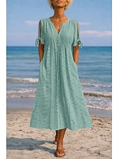 cheap White Lace Dresses-Women's Midi Dress Boho Dress A Line Dress Summer Dress Elegant Fashion Modern Daily Outdoor Beach Loose Fit Plain Short Sleeve V Neck White Purple Light Blue Summer Spring