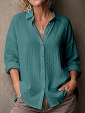 お買い得  エッセンシャルフェイクシャツ-女性用 シャツ ブラウス フェイクリネンシャツ 純色 ベーシック カジュアル 長袖 ラペル レギュラートップス カジュアル 日常 ブルー ブラック ホワイト イエロー ピンク 夏 春