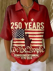  Amerykański Dzień Niepodległości Damskie Koszulka z goframi Teksturowane swetry z dzianiny Graficzny Flaga Ameryki Elegancja Zabytkowe Elegancki Rękaw 1/2 Kołnierz polo Zwykłe topy Codzienny Biały