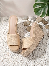 economico Sandali espadrilles-Sandali con zeppa intrecciati color kaki naturale da donna - espadrillas con plateau e texture in paglia intrecciata per vacanze all'aperto e resort al mare &amp;viaggi estivi