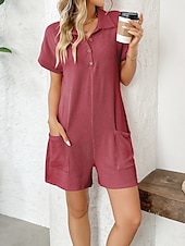 olcso nyaralás jumpsuit-Női Rugdalózók Aktív Tömör szín Rövid ujjú Széles lábszár Állógallér Zseb Gombok Napi Vakáció Laza öltözet Medence Arcpír rózsaszín Bor Nyár