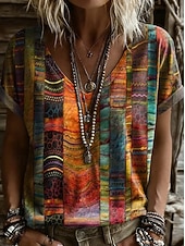 baratos T-shirt Boho-Mulheres Camiseta Imprimir Floral Gráfico Plantas Vintage à moda Clássico Manga Curta Decote V Tops longos Diário Final de semana Azul Laranja + Verde Branco Amarelo Rosa Verão Primavera