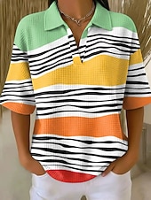 cheap Art&amp;Design Blouses-Women's Waffle T-shirt Textured Knit Tops Graphic Geometric Elegant Vintage Stylish Half Sleeve Polo Collar Regular Tops Casual Daily Blue Yellow Green Summer Spring