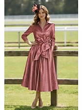 baratos Comprimento do tornozelo-Linha A Longuette Vestido de Derby Vestido Para Mãe dos Noivos Manga Longa Colarinho de Camisa Elegante Vintage Simples Formal Kentucky Derby Tafetá com Laço(s)