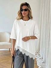 Χαμηλού Κόστους Απλή μπλούζα-Γυναικεία Κομψή Χιτώνας Μπλουζάκι Ασύμμετρο στρίφωμα Σκέτο Κομψό Βοημία Κοντομάνικο Στρογγυλή Ψηλή Λαιμόκοψη Μακριές μπλούζες Causal Μαύρο Λευκό Καλοκαίρι Άνοιξη