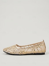 economico Ballerine da donna-Ballerine da donna in rete con paillettes dorate - eleganti scarpe a punta in rete scintillante per resort all'aperto e feste estive in giardino &amp;abiti da vacanza di lusso