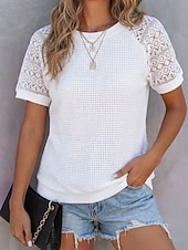 voordelige Effen t-shirt-Dames Wafel T-shirt Raglan-T-shirt Kant Vetergat Elegant Stijlvol Korte mouw Strakke ronde hals Lange tops Casual Vakantiekleding Zwart Wit Grijs Zomer Lente