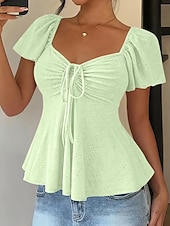 abordables T-shirt uni-Femmes Chemisier Cordon de serrage Œillet Couleur Unie Élégant Sexy Occasionnel Manche Courte Col carré Hauts Réguliers Quotidien Noir Blanche Jaune Rose Claire Bleu Ciel Été Printemps