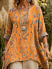 baratos Arte &amp; Design Blusas-Mulheres Blusa Imprimir Floral Gráfico Boêmia Diário Étnico Manga 3/4 Gola Redonda Decote Canoa Tops longos Diário Feriado Roupas de férias Laranja Verão Primavera