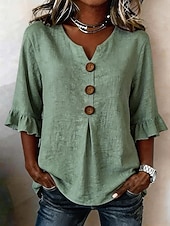preiswerte Wesentliche Falsche Hemden-Damen Bluse Rüsche Knöpfe Einfarbig Stilvoll Basic Lässig Dreiviertelarm V Ausschnitt Normale Oberteile Täglich Blau Weiß Marineblau Grün Sommer Frühling Herbst