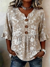  Mujer Blusa Botones Estampado Floral Graphic Vintage Elegante Moderno Media Manga Escote en Pico Tops regulares Casual Diario Azul Piscina Verde salvia Morado Caqui Verano Primavera