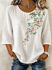 cheap Plain Blouses-Women's Blouse Print Floral Graphic Plants Bohemia Tropical Stylish 3/4 Length Sleeve Half Sleeve Crew Neck Regular Tops Daily Vacation Wear Blue White Green Summer Spring