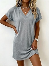 voordelige Witte jurk-Dames Mini-jurk T shirt jurk Basic Klassiek Dagelijks Weekend Normale pasvorm Effen Korte mouw V-hals blauw Zwart Blozend Roze Donkergroen Zomer Lente