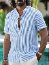 abordables Vacaciones-Hombre Camisa Camisa de lino Camisa de verano Camisa de playa camisa hawaiana Tiras verticales Casual Diario Azul Piscina Rosa Manga Corta Cuello Primavera verano Ropa