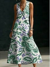voordelige Afdrukken Bloemen Jurken-Dames Halflange jurk Boho-jurk Shirtjurk Zonnejurk Elegant Bohemen Etnisch Strand Feestdagen Normale pasvorm Bloemig Grafisch Abstract Mouwloos V-hals Blozend Roze Groen Beige Zomer Lente