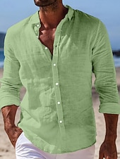 preiswerte Urlaub-Herren Hemd Leinenhemd Sommerhemd Strandbekleidung Knopfhemd Einfach Urlaub Lässig Blau Schwarz Weiß Rosa Langarm Umlegekragen Frühling &amp; Sommer Bekleidung
