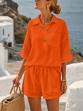 preiswerte Sets-Damen Baumwoll-Leinen-Sets Shorts-Sets Dreiviertelarm Hemdkragen Einfach Mode Lässig Täglich Outdoor Schwarz Weiß Dunkelmarine Sommer Normale Passform