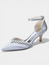 abordables Zapatos de salón de tacón bajo-Zapatos de tacón bajo de satén rosa para mujer, zapatos de salón con tira en el tobillo y punta afilada con pedrería para cócteles y bodas. &amp;eventos nocturnos