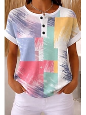 abordables Camiseta de Arte &amp; Diseño-Camiseta de mujer tipo gofre, tops de verano, estampado de bloques de color, gráfico geométrico de plantas, vintage, elegante, clásico, manga corta, cuello redondo, tops regulares, casual, diario,