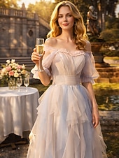 preiswerte Lange Kleider &amp; Abendkleider-A-Linie Bodenlang Abiballkleider Farbblock Feenstil Halbarm Rundausschnitt Hochzeitsgast Hochzeitsfeier Tüll mit Falten Rüschen