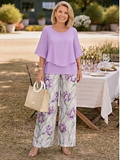  Жен. Комплекты брюк Рукав до локтя Бабочка Круглый вырез Цветочный принт Графика Элегантный стиль Отпуск Повседневные Отпуск Свадебный гость Синий Розовый Лиловый Весна лето Стандартный