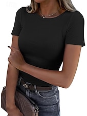 cheap Plain tee-Women's Blouse Solid Color Vintage Stylish Basic Short Sleeve Round Neck Regular Tops Daily Blue Black White Pink Purple Summer Spring