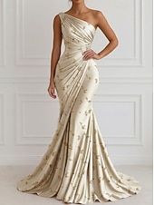 preiswerte Meerjungfrau Abendkleider-Meerjungfrauenschnitt Bodenlange Schleppe Abendkleid Elegant Blumen seidig Ärmellos Ein-Schulter Abendgesellschaft Gartenparty Satin Jacquard mit Gerafft