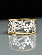tanie Pierścionki damskie-Damski pierścionek ze stopu w stylu boho, otwarty, regulowany, z kwiatowym wzorem, idealny na wakacje na plaży, na co dzień i jako dodatek na lato