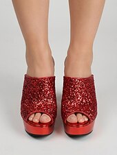 voordelige Platform Sandalen-Rode glitter platform muiltjes voor dames – stevige instapsandalen met blokhak voor de nachtclub of een feestje. &amp;een glamoureuze avond uit