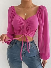 tanie Chiffon Tops-Damskie Koszula Bluzka Bluzki z szyfonu Z marszczeniami Równina Elegancki Podstawowy Klasyczny Długi rękaw W serek Zwykłe topy Codzienny Impreza Święto Niebieski Czerwonobrązowy Czarny Biały