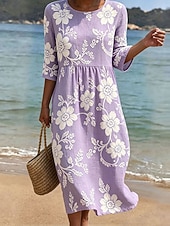 cheap Floral Dress-Women's Midi Dress Sundress Summer Dress Vacation Casual Boho Holiday Regular Fit Floral Graphic 3/4 Length Sleeve Crew Neck Blue Pink Purple Green Summer Spring